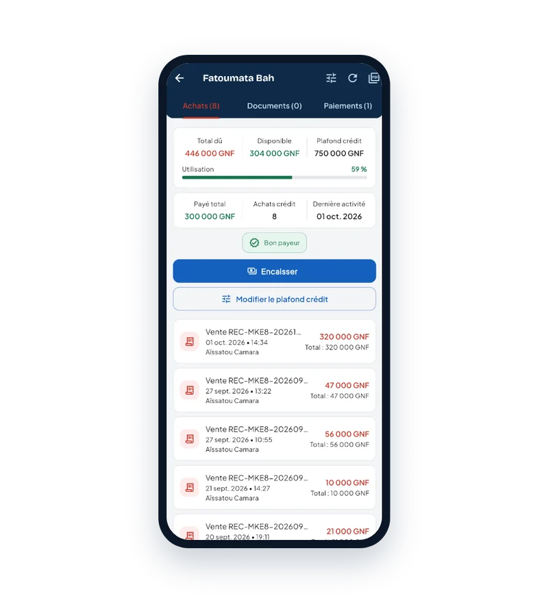 Fiche client Neegui avec ardoise et plafond de crédit