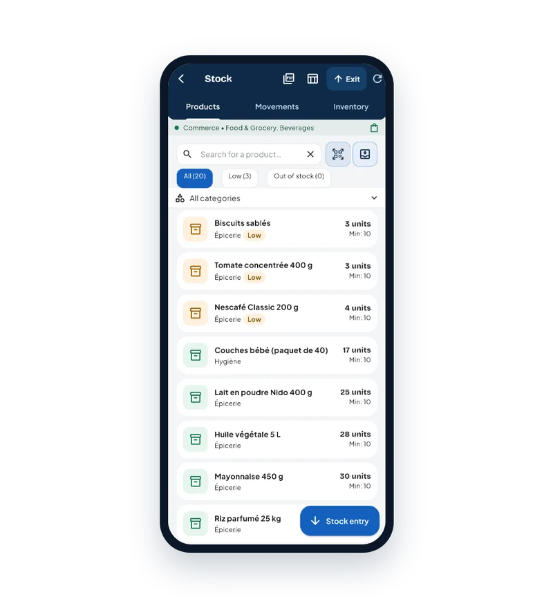 Neegui stock screen with low-stock alerts