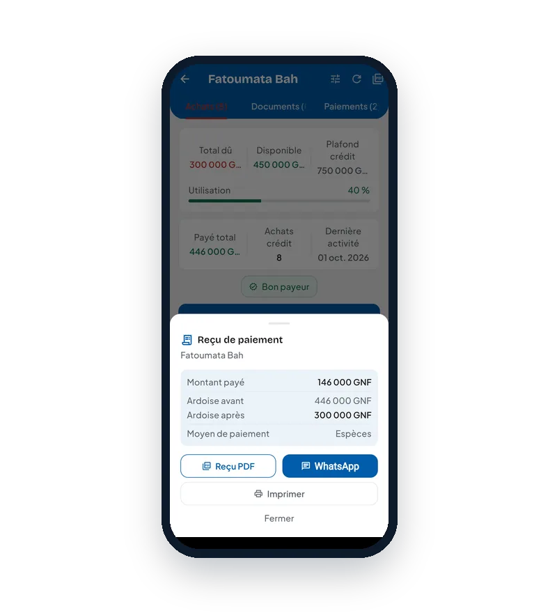 Reçu de paiement Neegui à envoyer en PDF ou par WhatsApp